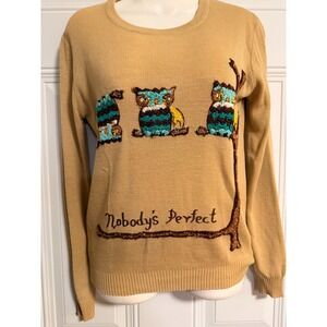 Nobody's Perfect Owl Sweater Top Embroidered Oatmeal Boho Nature's‎ Creatures